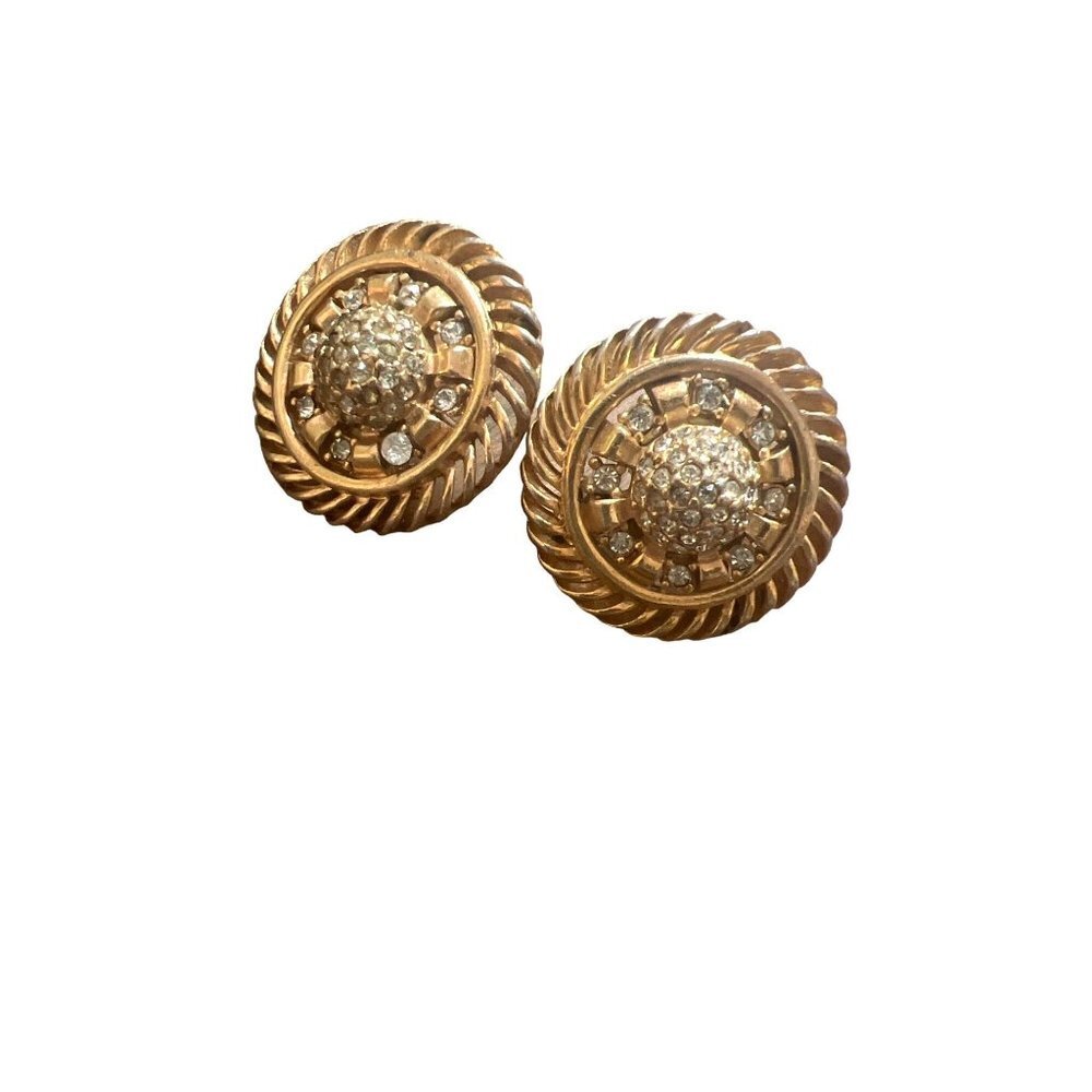 Halbe Signed Vintage Button Rhinestones Gold Tone Pierced Earrings